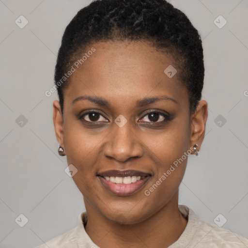 Joyful black young-adult female with short  brown hair and brown eyes