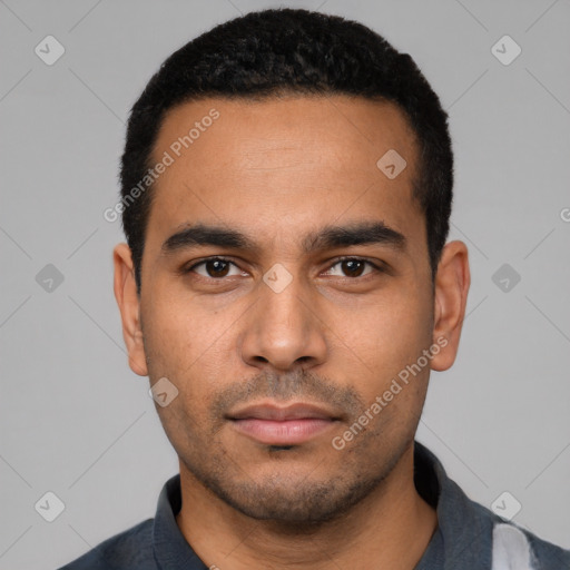 Neutral latino young-adult male with short  black hair and brown eyes