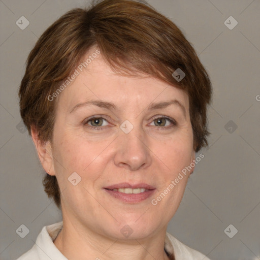 Joyful white adult female with medium  brown hair and grey eyes