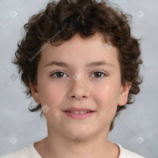 Joyful white child female with medium  brown hair and brown eyes