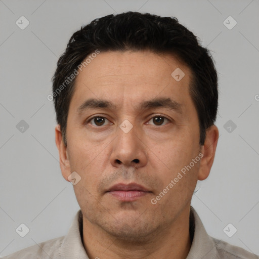 Neutral asian adult male with short  black hair and brown eyes