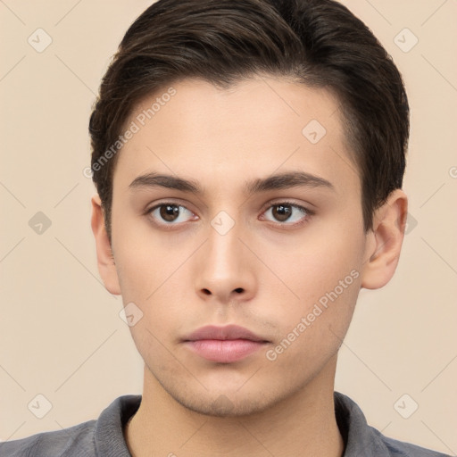 Neutral white young-adult male with short  brown hair and brown eyes