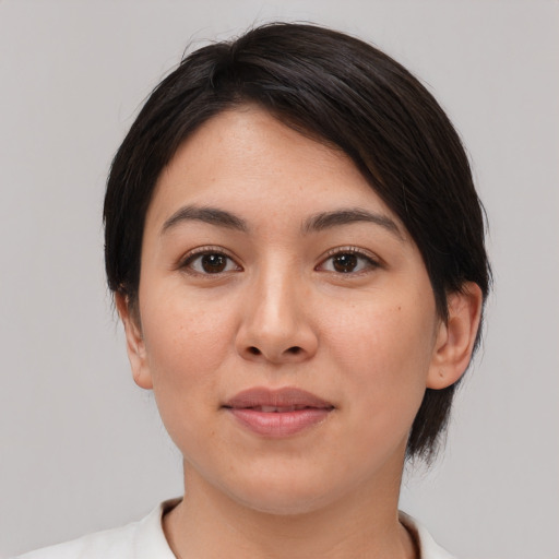 Neutral white young-adult female with medium  brown hair and brown eyes