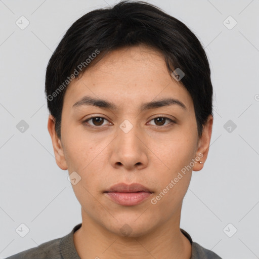 Neutral asian young-adult female with short  black hair and brown eyes