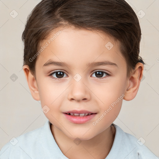 Joyful white child female with short  brown hair and brown eyes