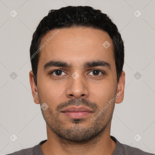 Neutral latino young-adult male with short  black hair and brown eyes