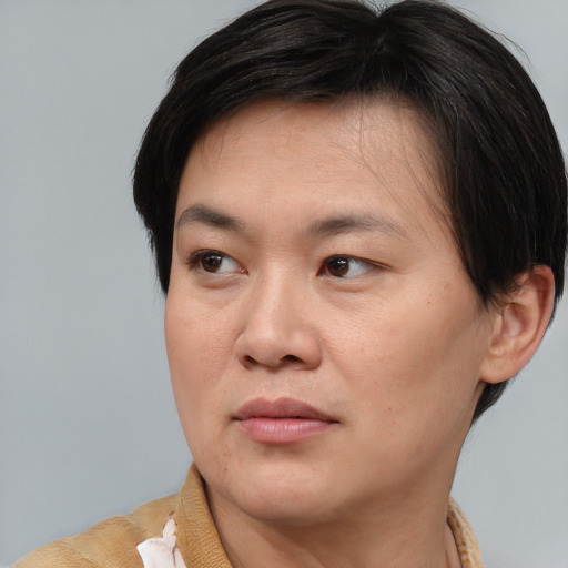 Joyful asian young-adult female with short  brown hair and brown eyes