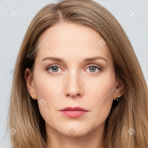 Neutral white young-adult female with long  brown hair and grey eyes