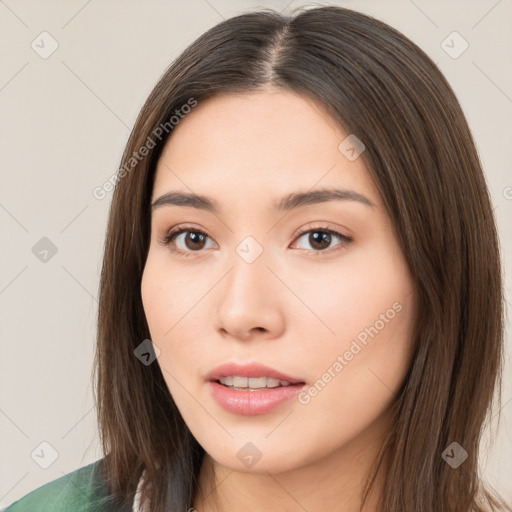 Neutral white young-adult female with long  brown hair and brown eyes