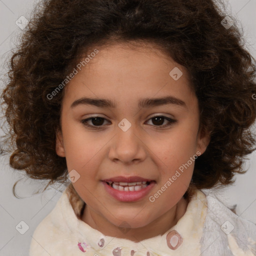 Joyful white child female with medium  brown hair and brown eyes