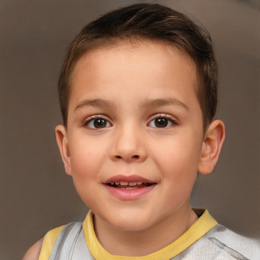 Joyful white child female with short  brown hair and brown eyes