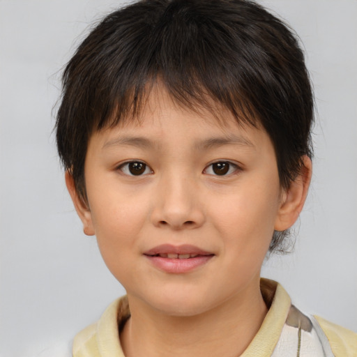 Joyful white child female with medium  brown hair and brown eyes