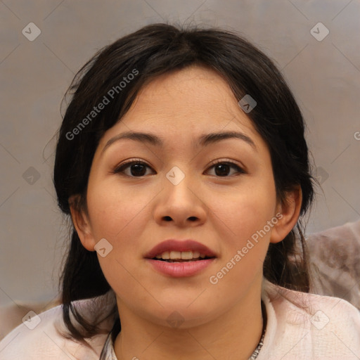 Joyful white young-adult female with medium  brown hair and brown eyes