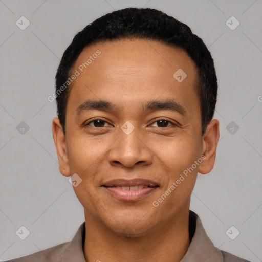 Joyful latino young-adult male with short  black hair and brown eyes