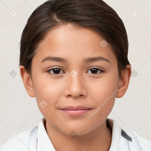 Joyful white child female with medium  brown hair and brown eyes