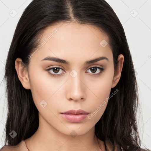 Neutral asian young-adult female with long  brown hair and brown eyes