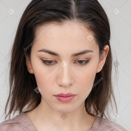 Neutral white young-adult female with medium  brown hair and brown eyes