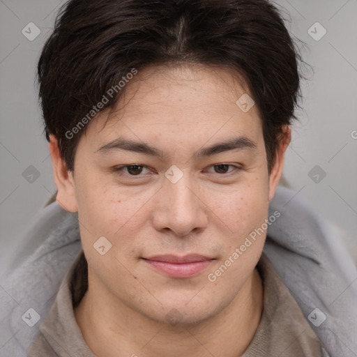 Joyful white young-adult male with medium  brown hair and brown eyes