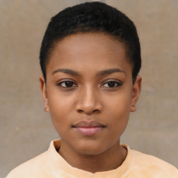 Neutral black young-adult female with short  black hair and brown eyes