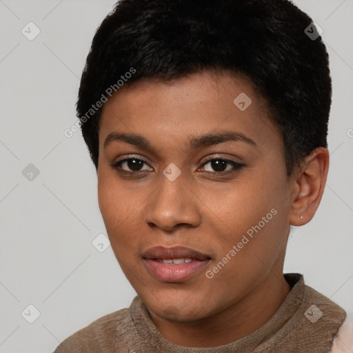 Joyful black young-adult female with short  black hair and brown eyes