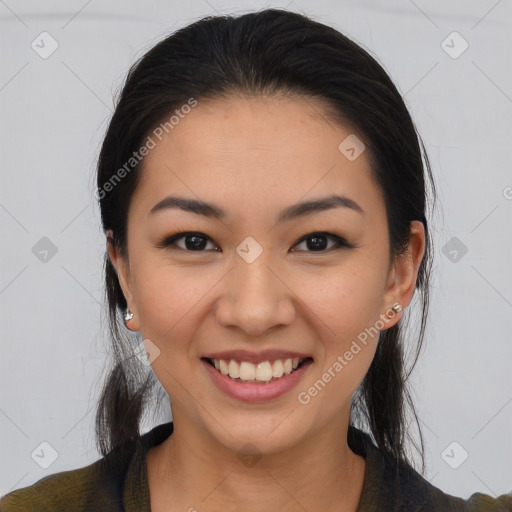 Joyful white young-adult female with medium  black hair and brown eyes