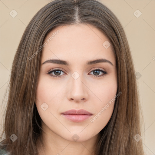 Neutral white young-adult female with long  brown hair and brown eyes