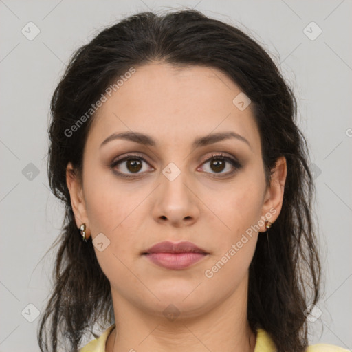 Neutral white young-adult female with medium  brown hair and brown eyes