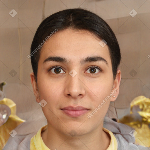 Joyful white young-adult female with medium  brown hair and brown eyes