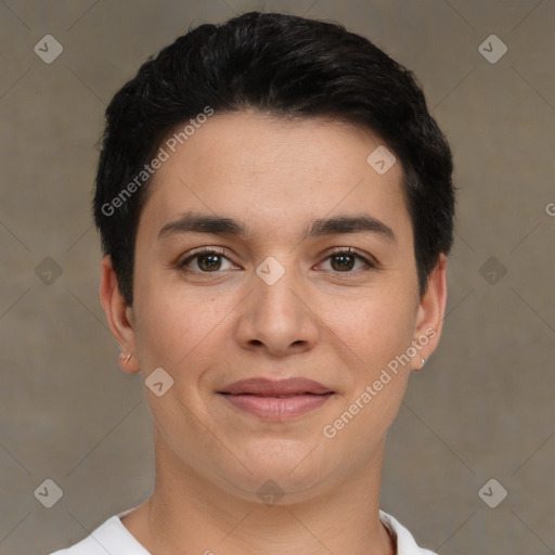 Joyful white young-adult female with short  brown hair and brown eyes