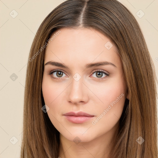 Neutral white young-adult female with long  brown hair and brown eyes