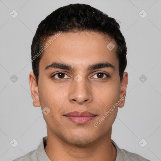 Neutral latino young-adult male with short  black hair and brown eyes