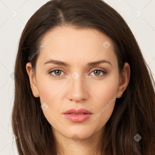 Neutral white young-adult female with long  brown hair and brown eyes