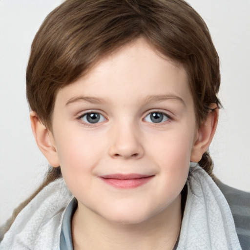 Joyful white child female with medium  brown hair and grey eyes