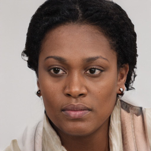 Neutral black young-adult female with short  brown hair and brown eyes