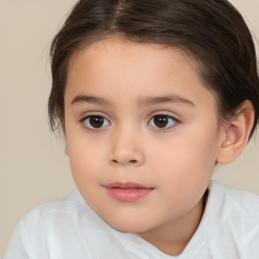 Joyful white child female with medium  brown hair and brown eyes