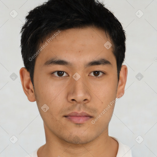 Neutral asian young-adult male with short  black hair and brown eyes