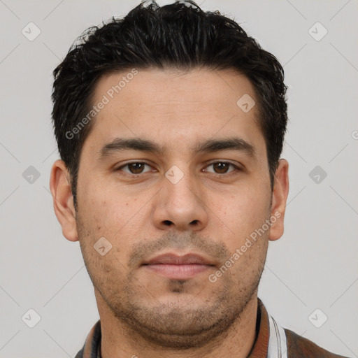 Neutral white young-adult male with short  black hair and brown eyes