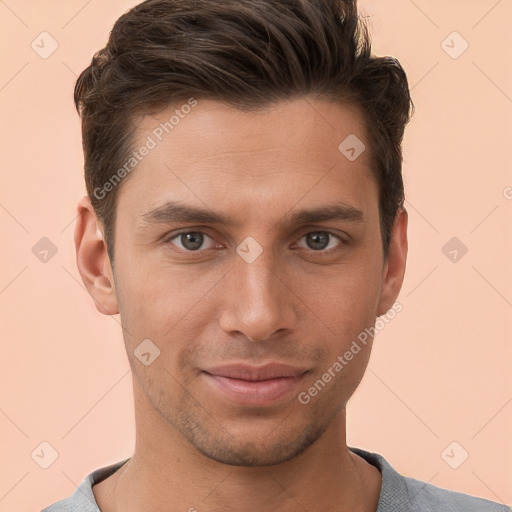 Joyful white young-adult male with short  brown hair and brown eyes