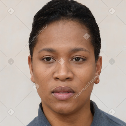 Neutral black young-adult female with short  black hair and brown eyes