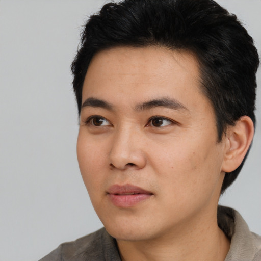 Neutral asian young-adult male with short  black hair and brown eyes