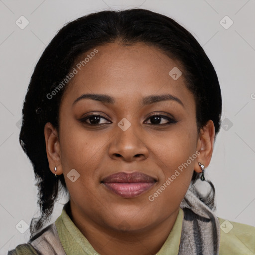 Joyful black young-adult female with medium  brown hair and brown eyes