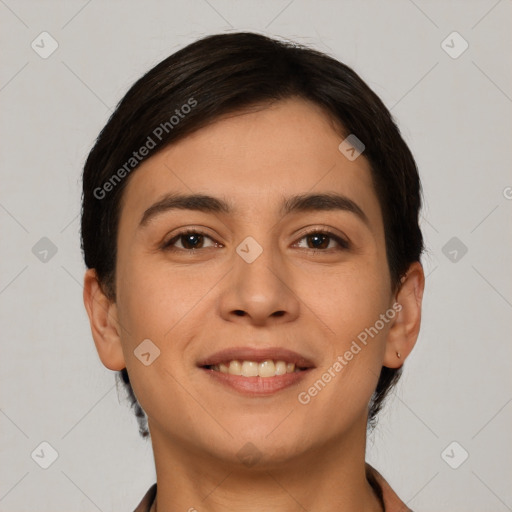 Joyful white young-adult female with short  brown hair and brown eyes