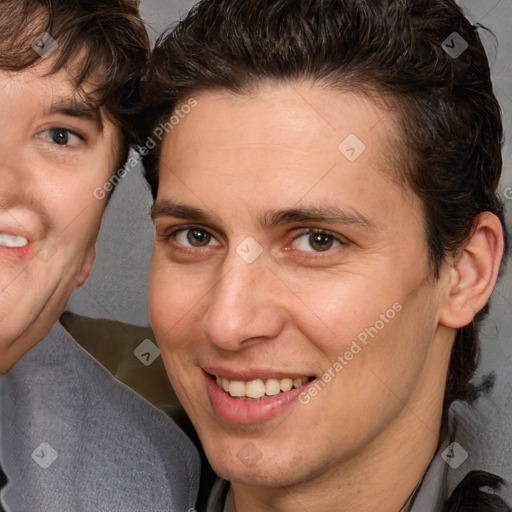 Joyful white adult female with short  brown hair and brown eyes