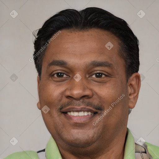 Joyful latino adult male with short  black hair and brown eyes