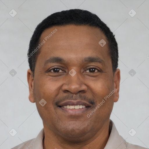 Joyful black adult male with short  black hair and brown eyes