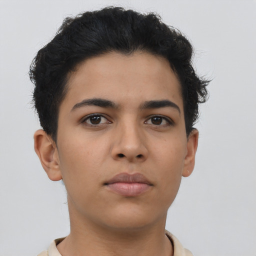 Neutral latino young-adult female with short  brown hair and brown eyes