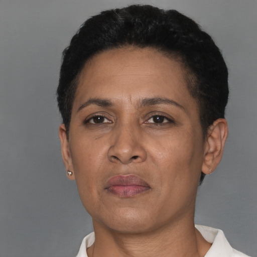 Neutral black adult female with short  black hair and brown eyes