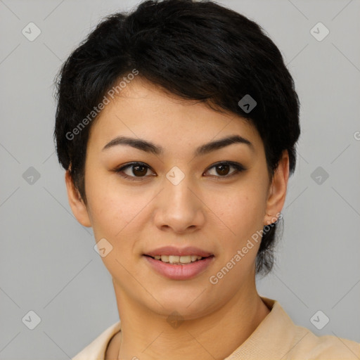 Joyful latino young-adult female with short  black hair and brown eyes