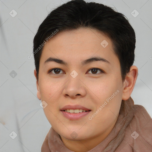 Joyful asian young-adult female with short  brown hair and brown eyes