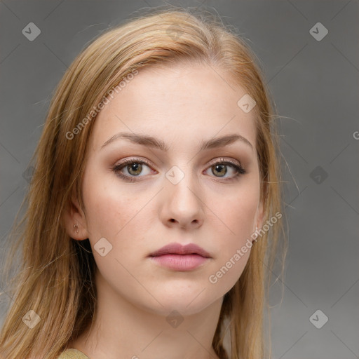 Neutral white young-adult female with medium  brown hair and blue eyes